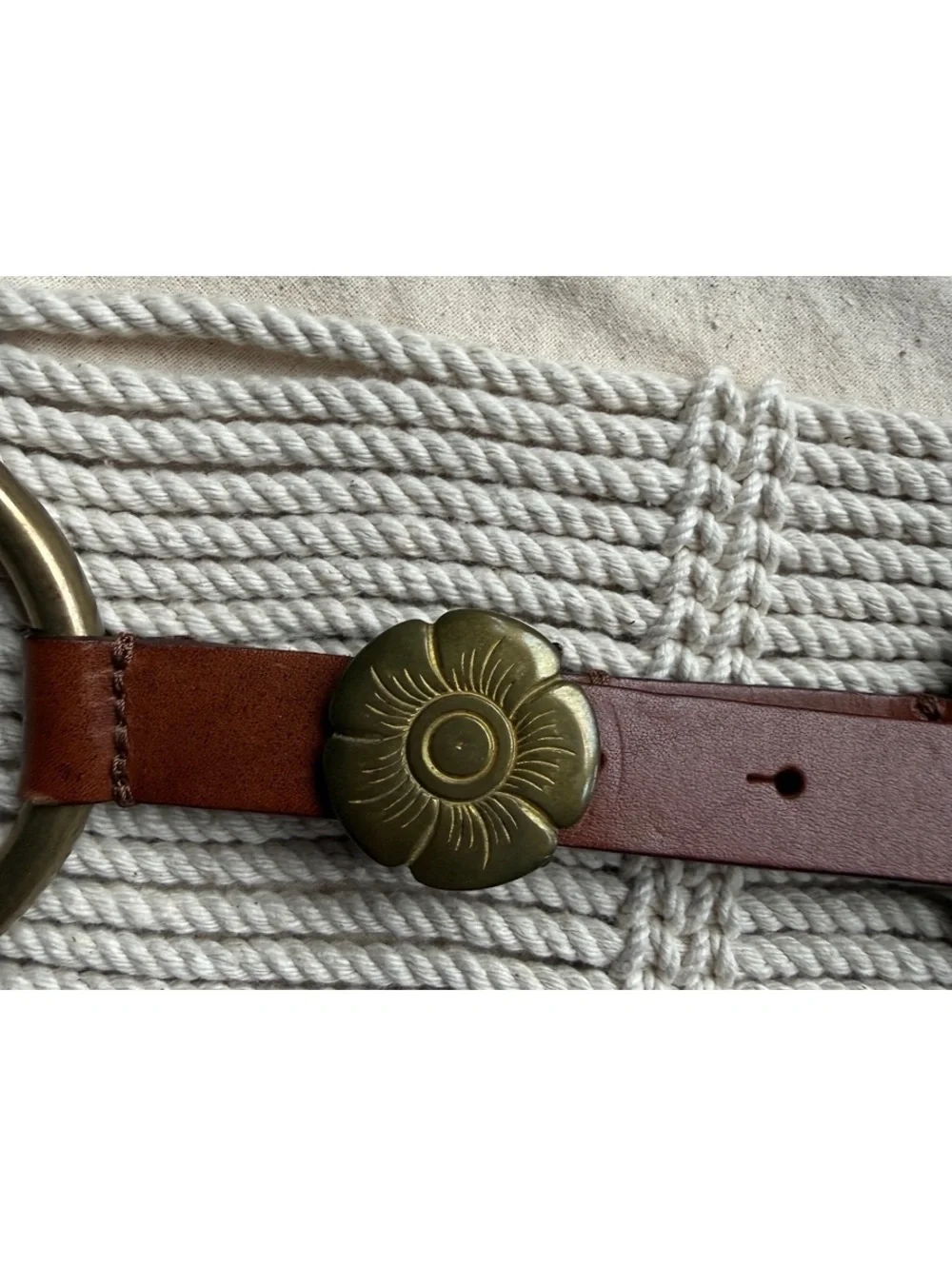 Wide Cream Rope Belt with Brass Rings and Brown Leather Strap
